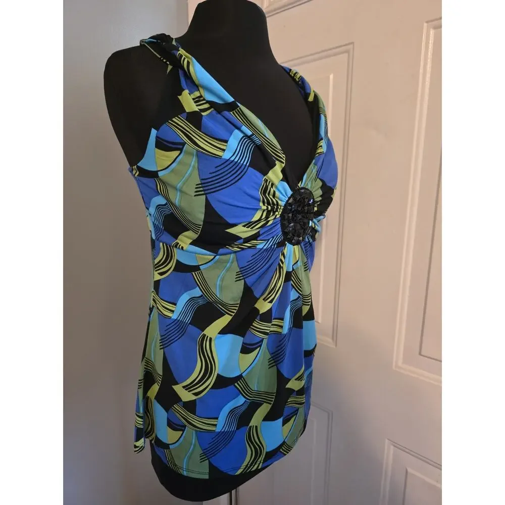 Vtg Bisou Bisou Y2k Baby Doll Tank Jeweled Medallion Abstract Print Blue Black L